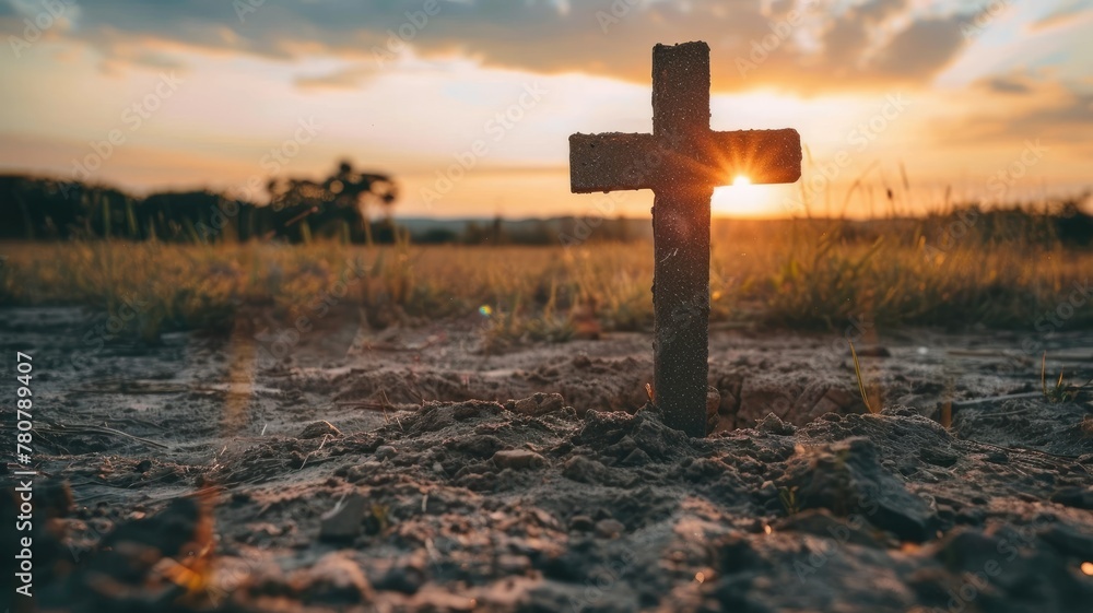 Canvas Prints Glowing Wooden Cross Stands Tall Amid Peaceful Countryside Landscape at Sunset