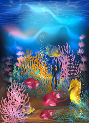 Underwater banner with tropical fish, vector illustration