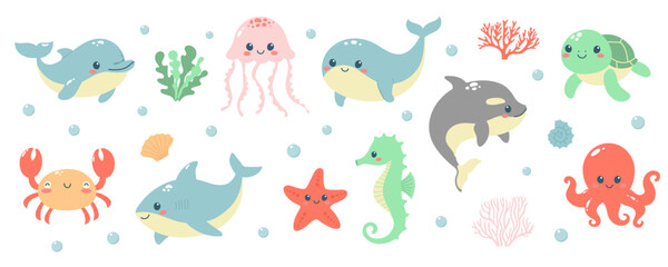 Hand drawn set of sea life animals. Marine life elements. Template for stickers, baby shower, greeting cards and invitation. Isolated vector illustration. 