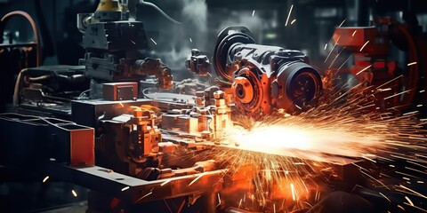 Fototapeta premium AI Generated. AI Generative. Mechanic factory repair workshop sparks light metal equipment tool industry machine. Graphic Art