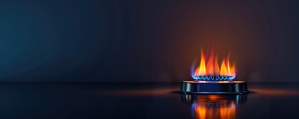 A close up of the gas flame in the black kitchen. - obrazy, fototapety, plakaty