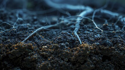 Close up of a fungal network under the soil, capturing the unseen communication between plants. - obrazy, fototapety, plakaty