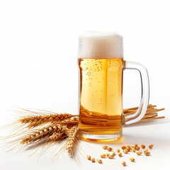 Glass of beer, wheat stalks in the background.