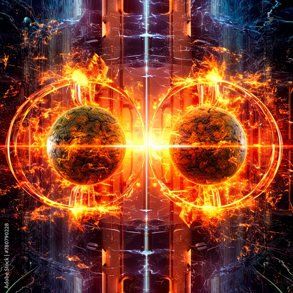 Poster the image is a colorful and abstract representation of two glowing orbs, one red and one blue. the o
