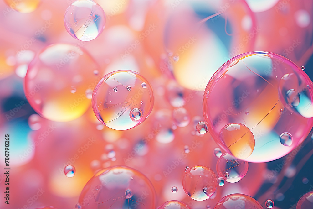 Poster pink holographic bubbles floating on the soft colorful abstract background in beautiful vivid tones.