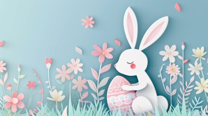 A paper rabbit is holding a colorful Easter egg and a beautiful flower to celebrate the happy event of Easter. The creative arts of plant and organism adaptation can be seen in this artwork AIG42E