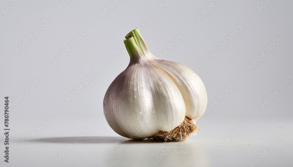Poster an onion resting on a reflective surface, casting a clear reflection against a white background