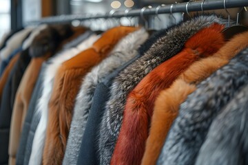 Women's Fur Coats on Hangers at a Clothing Store. Concept Fur Coats, Women's Fashion, Retail Store, Clothing Display, Winter Wardrobe