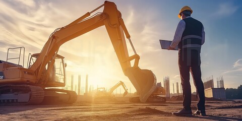 , holding a laptop computer while looking at an excavator working on the ground with golden hour light in the style of Van Gogh,