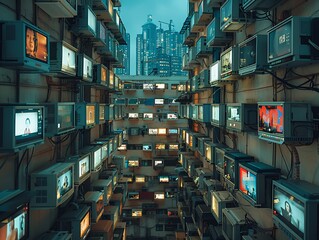 A thoughtprovoking scene from above, featuring individuals living in futuristic highrise apartments surrounded by intrusive surveillance technology Highlight the theme of diminishing privacy - obrazy, fototapety, plakaty