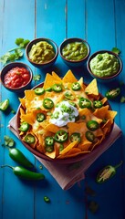 Fototapeta premium Bowl of nachos with sour cream and guacamole
