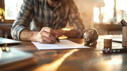 A man focuses on his financial goals, jotting notes beside a piggy bank on a wooden table, depicting savings and planning. - obrazy, fototapety, plakaty