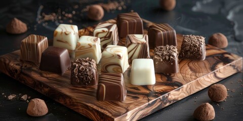 Marbled lines white and milk chocolates on a board