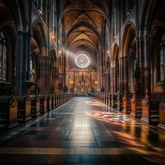 Majestic Cathedral Interior with Ornate Gothic Architecture and Stained Glass Windows Bathed in Ethereal Light