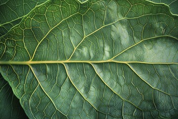 Detailed view of the surface of a leaf, emphasizing the network of veins and photosynthetic cells. - obrazy, fototapety, plakaty