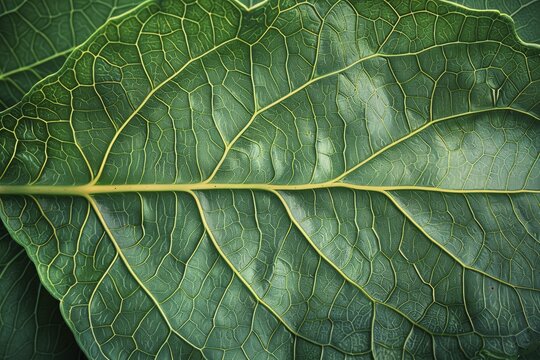 Detailed view of the surface of a leaf, emphasizing the network of veins and photosynthetic cells.