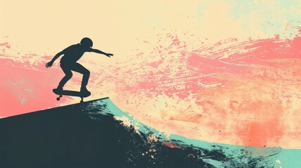 Minimalist Silhouette of Skater Performing Ollie on Colorful Pastel Background
