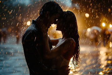 Loving couple dancing in the rain. Romantic scene of two people in love embracing in the city at night. Man and women kissing in the rain. True love and romantic mood concept. Love Story concept.