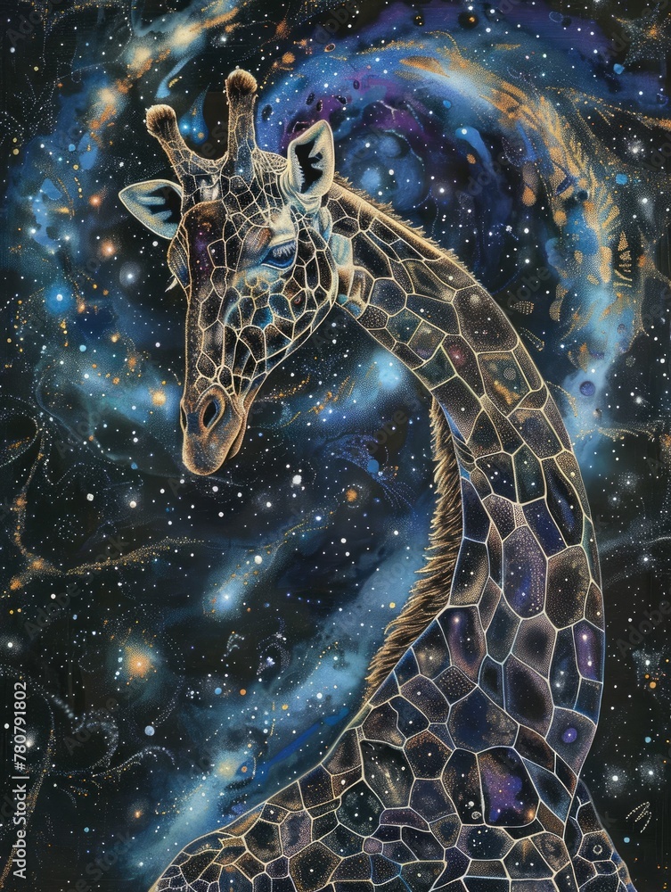 Wall mural Mystical Giraffe Soaring Through Cosmic Octagonal Connections in Nebulous Space