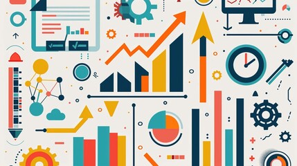 The image features a vibrant and dynamic array of flat design infographics and data visualization elements. Graphs, pie charts, bar graphs, and trend arrows populate the composition, indicating variou