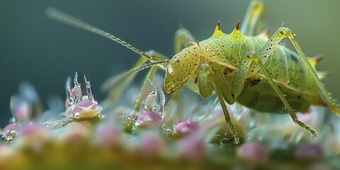 Naklejka premium Extreme close up of an aphid feeding on plant sap, showcasing the interaction between pest and host.