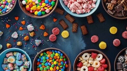 The concept of National Candy Day, top view. Copy space area for text. Background, banner, template.