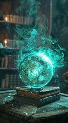 Fototapeta na wymiar A mystical glowing orb sits atop a stack of time-worn books with tattered covers. The orb is emanating a brilliant cyan light and swirling mist, which give it an otherworldly appearance. The mist seem