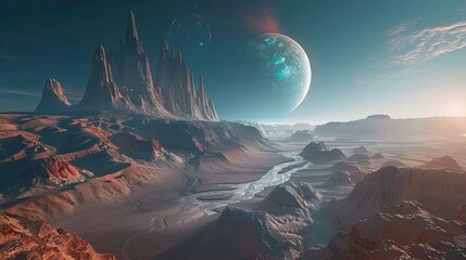A vast alien landscape is shown, featuring a river flowing through a valley with towering, jagged...