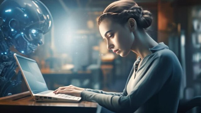  woman is professionally writing an article on the computer with an AI standing next to her to help her come up with creative ideas. 