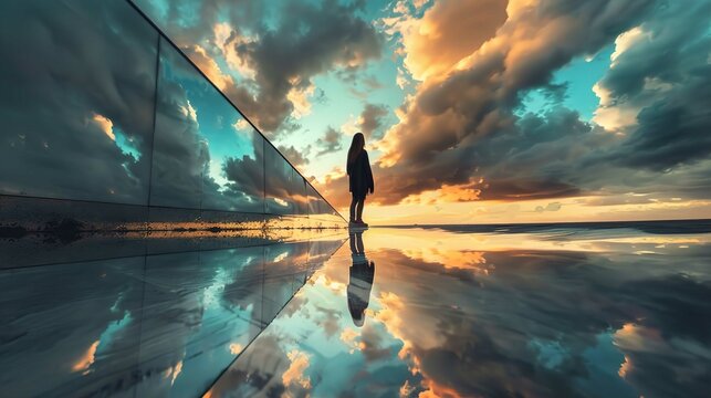 The image features a person from behind, standing on a reflective surface next to a glass barrier, gazing into the distance at a dramatic sunset sky with vibrant clouds, with the sunset and clouds mir