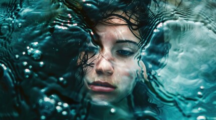 The image shows a close-up of a person’s face partially submerged in water, creating a visual distortion through the water's ripples. The individual appears calm, with their eyes gently open, gazing t