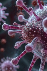 Macro photography of a virus being engulfed by a white blood cell, capturing the frontline defense of the immune system.