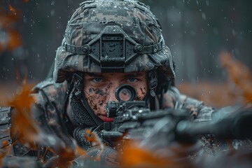 Soldier lying prone in autumn leaves