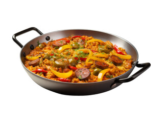 Beef Paella isolated on transparent png background. Generative ai