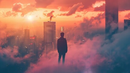 A silhouette of a person stands on a high vantage point, gazing at a cityscape bathed in the warm hues of sunset. Fluffy clouds surround the buildings and the figure, adding to the dreamy atmosphere.  - obrazy, fototapety, plakaty