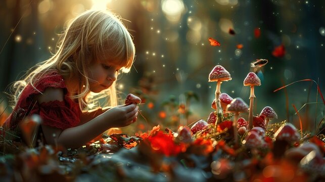 A young child with blonde hair is knelt down amidst a magical forest setting, gently holding a mushroom in their hands. The child wears a red, lace-trimmed dress with delicate, short sleeves that reve
