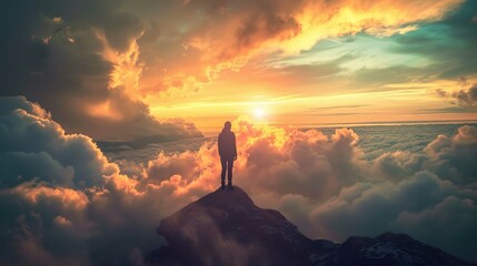 A silhouetted figure stands on the peak of a rocky mountain, gazing out at a vast cloudscape illuminated by a dramatic sunset. The sun sits low on the horizon, casting a warm golden light on the cloud - obrazy, fototapety, plakaty