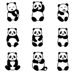 outline icon set of pandas in playful poses 