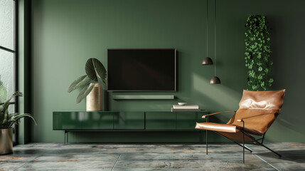 modern living room, dark green, TV on the wall