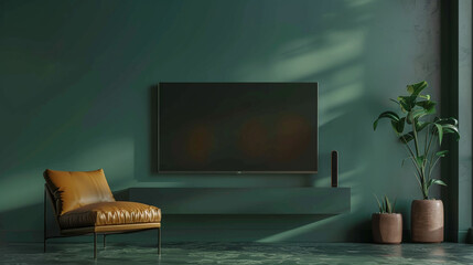 modern living room, dark green, TV on the wall