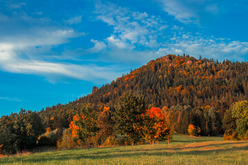 Jesienna wiejska sielanka w miejscowości Karpniki w Rudawy Janowickie, Krzyżna Góra, w górach sokolich. - obrazy, fototapety, plakaty