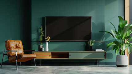 modern living room, dark green, TV on the wall