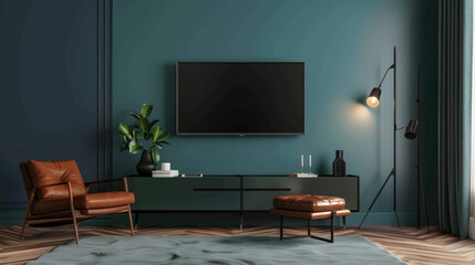 modern living room, dark green, TV on the wall