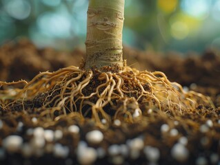 Macro shot of the interaction between a plant's roots and soil particles, highlighting the foundation of terrestrial life.