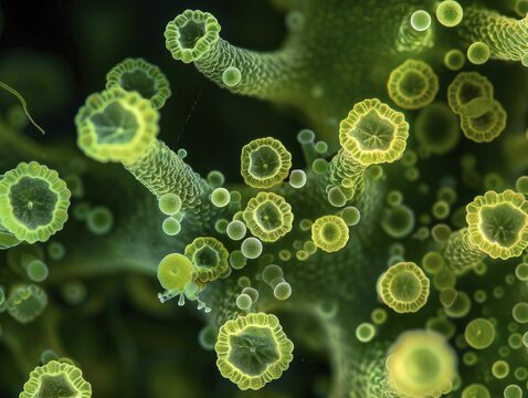 Macro shot of cyanobacteria, showcasing the photosynthetic machinery of these ancient microorganisms.