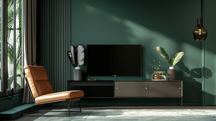 modern living room, dark green, TV on the wall