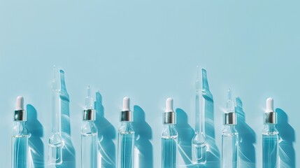 Glass ampoules containing various liquids on a light blue background, signifying innovation and scientific progress, space for text.