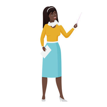 Teacher holding pointer to show and explain to students in class, woman standing vector illustration