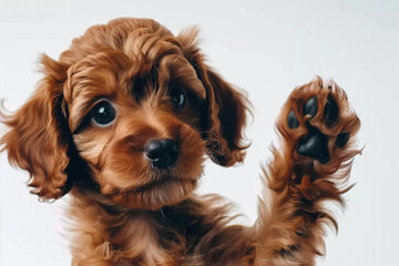 a cute brown puppy with curly fur, raising one of its paws, giving an impression of waving or high-fiving