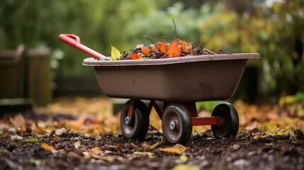 Rain soaked wheelbarrow in a lush garden